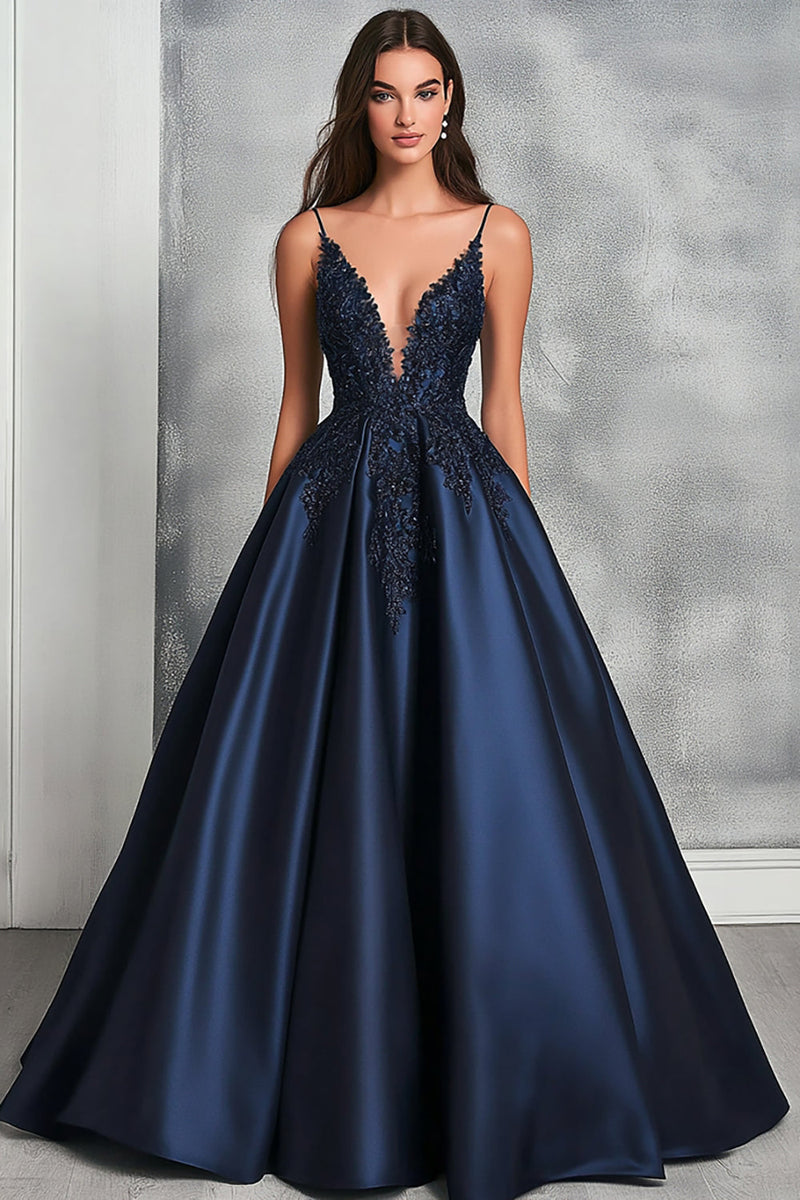 Load image into Gallery viewer, Glitter Navy A-Line Spaghetti Straps Satin Ball Gown Dress with Appliques