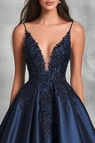 Glitter Navy A-Line Spaghetti Straps Satin Ball Gown Dress with Appliques