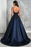 Glitter Navy A-Line Spaghetti Straps Satin Ball Gown Dress with Appliques