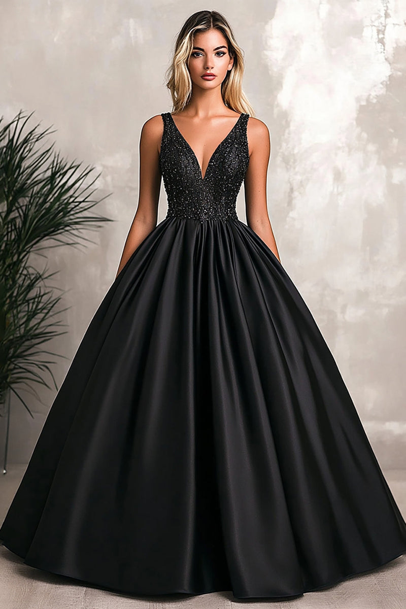 Load image into Gallery viewer, Sparkly Black A-Line V Neck Satin Long Prom Dress with Sequins