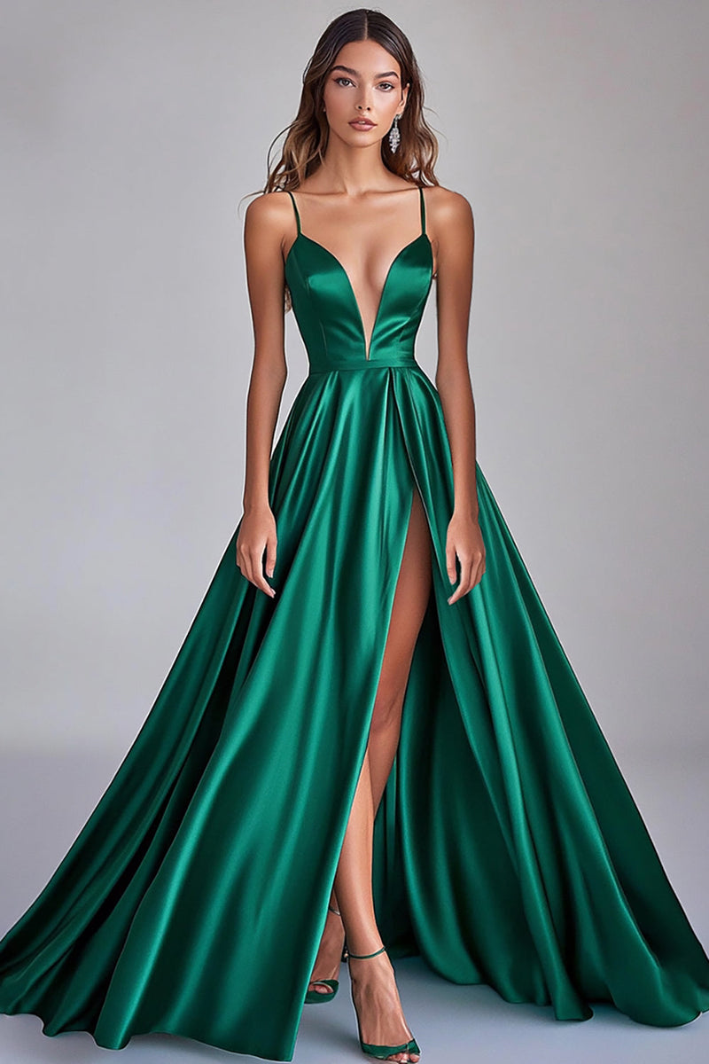 Load image into Gallery viewer, Dark Green A-Line Spaghetti Straps Satin Long Prom Dress with Slit