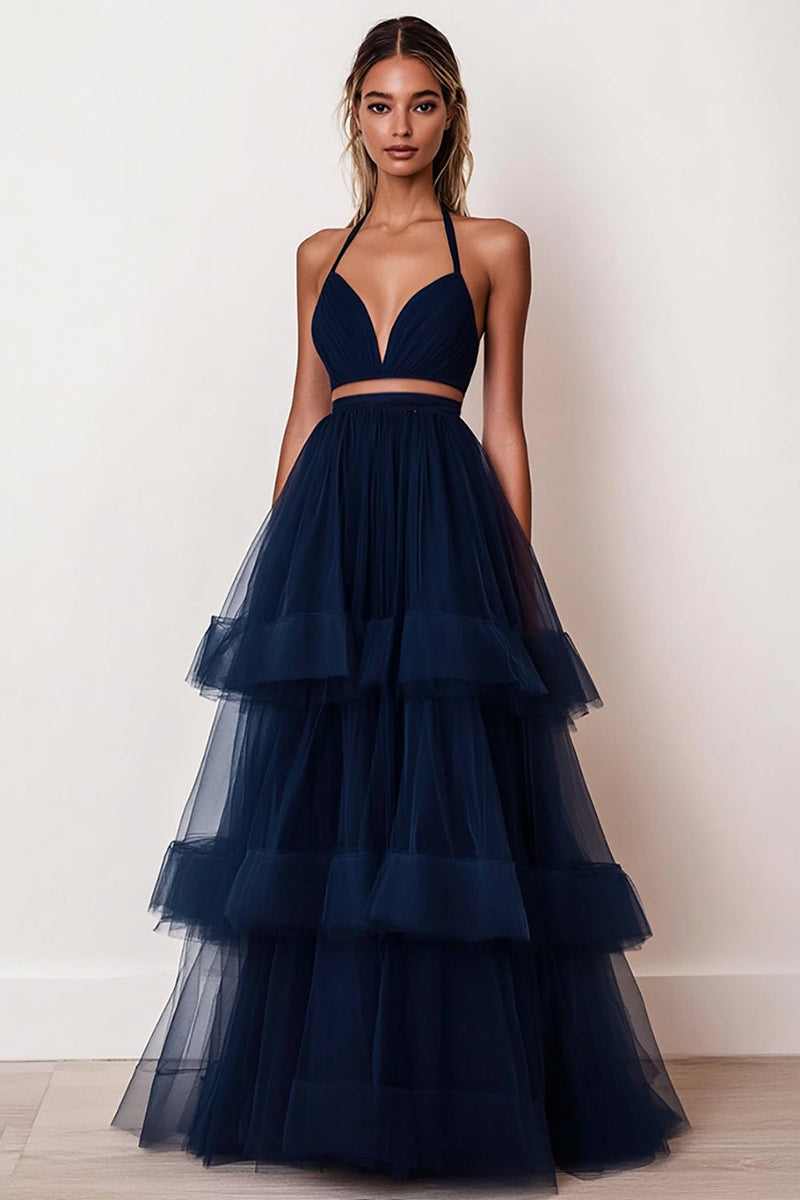 Load image into Gallery viewer, Navy A-Line Spaghetti Straps Ruffles Tulle Long Prom Dress