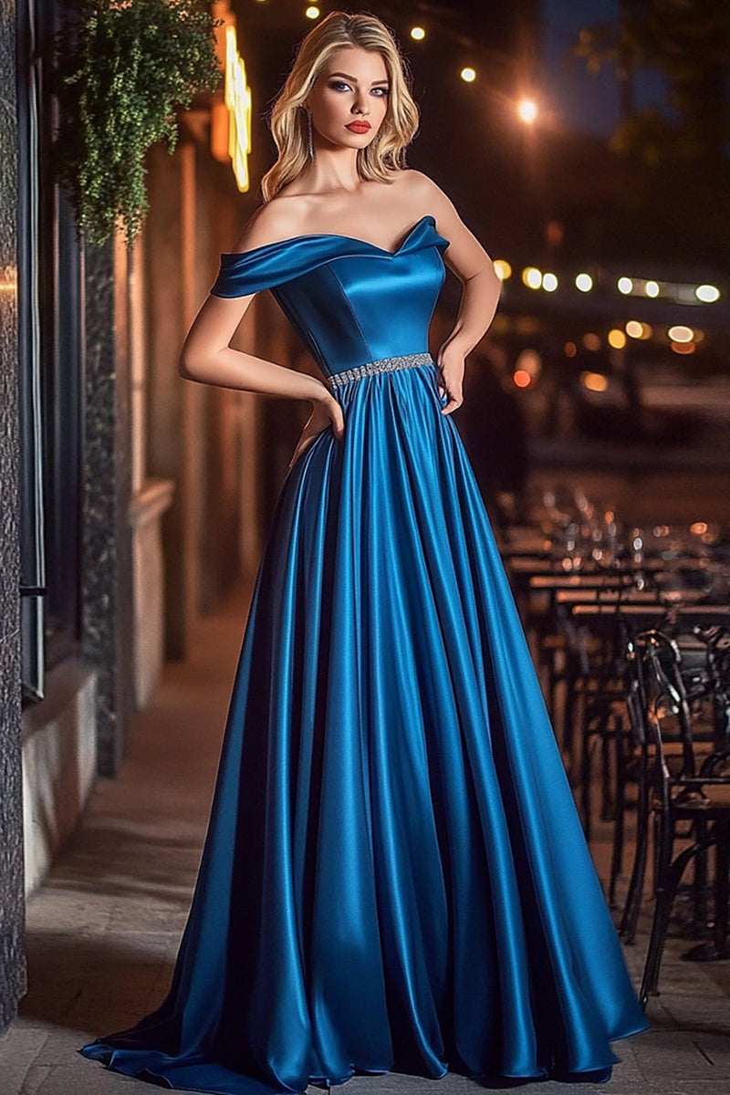 Load image into Gallery viewer, Royal Blue A-Line Off the Shoulder Satin Long Prom Dress with Beading