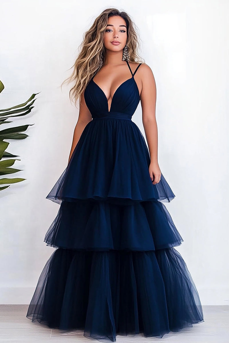 Load image into Gallery viewer, Navy Ball Gown Double Spaghetti Straps Ruffles Tulle Long Prom Dress