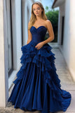 A Line Navy Strapless Tiered Plus Long Prom Dress