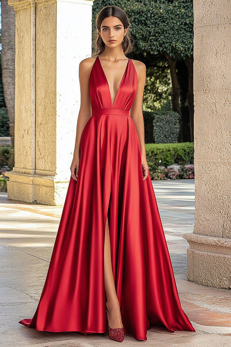Load image into Gallery viewer, A Line Spaghetti Straps Red Plus Long Prom Dress with Slit