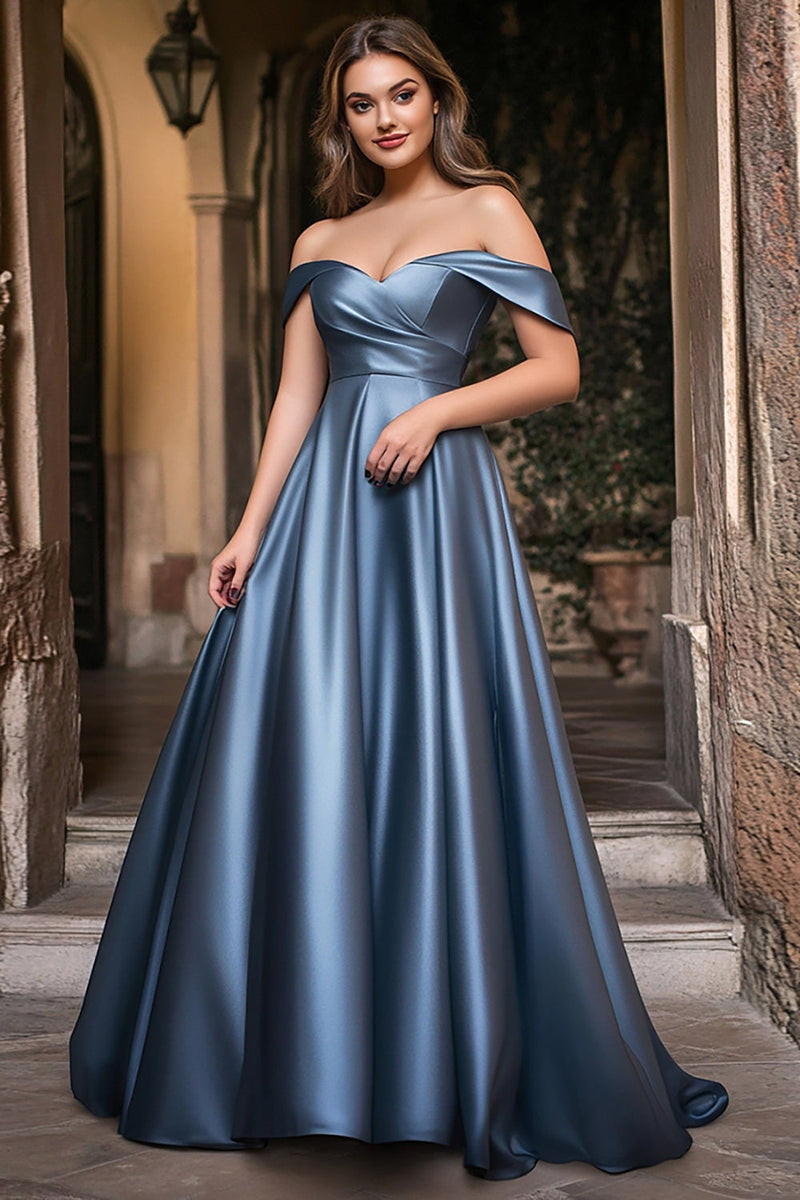 Load image into Gallery viewer, A Line Dusty Blue Off The Shoulder Pleated Plus Long Prom Dress