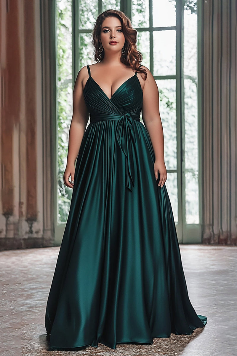 Load image into Gallery viewer, A Line Spaghetti Straps Dark Green Pleated Plus Long Prom Dress