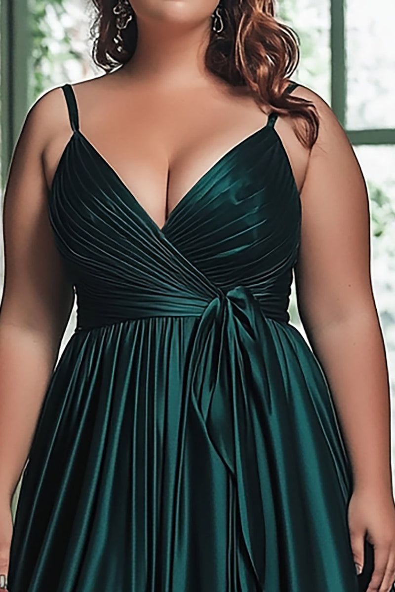 Load image into Gallery viewer, A Line Spaghetti Straps Dark Green Pleated Plus Long Prom Dress