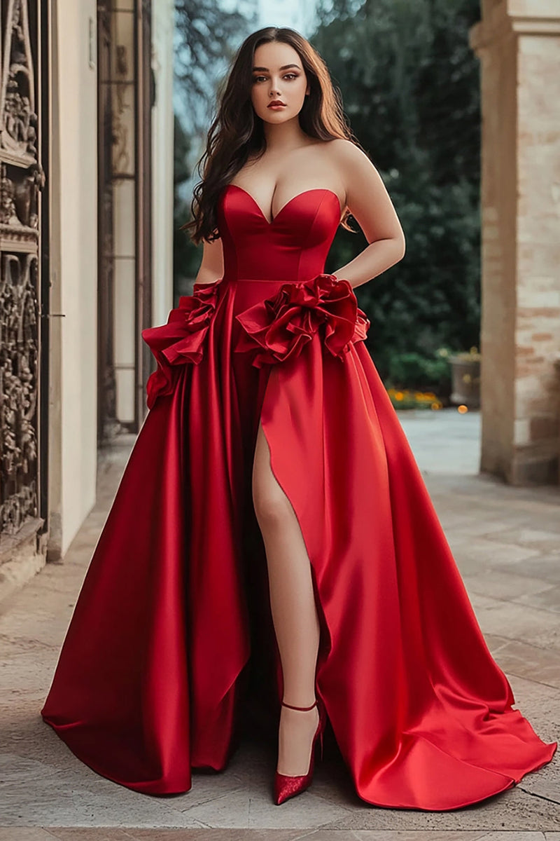 Load image into Gallery viewer, A Line Strapless Red Plus Long Prom Dress with Slit