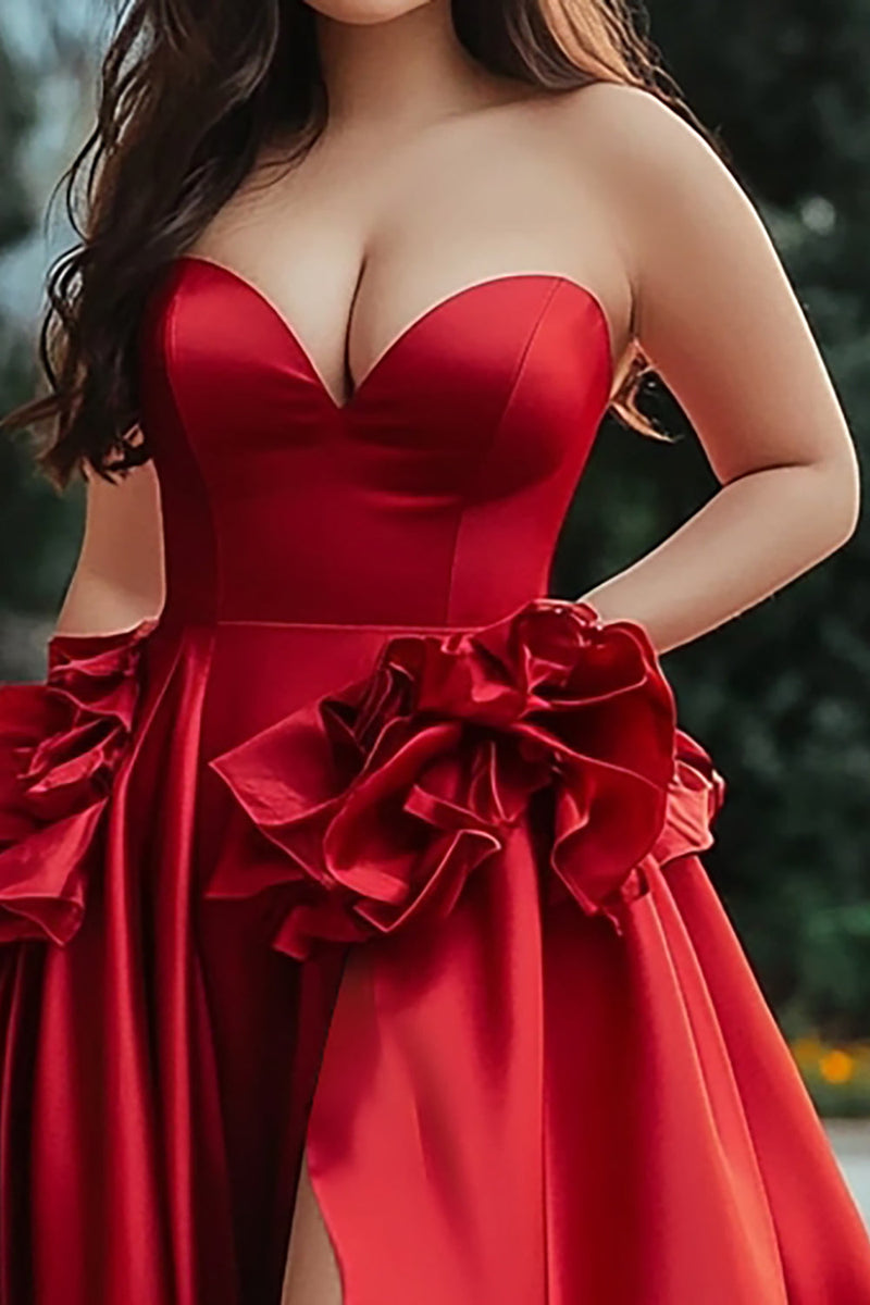 Load image into Gallery viewer, A Line Strapless Red Plus Long Prom Dress with Slit