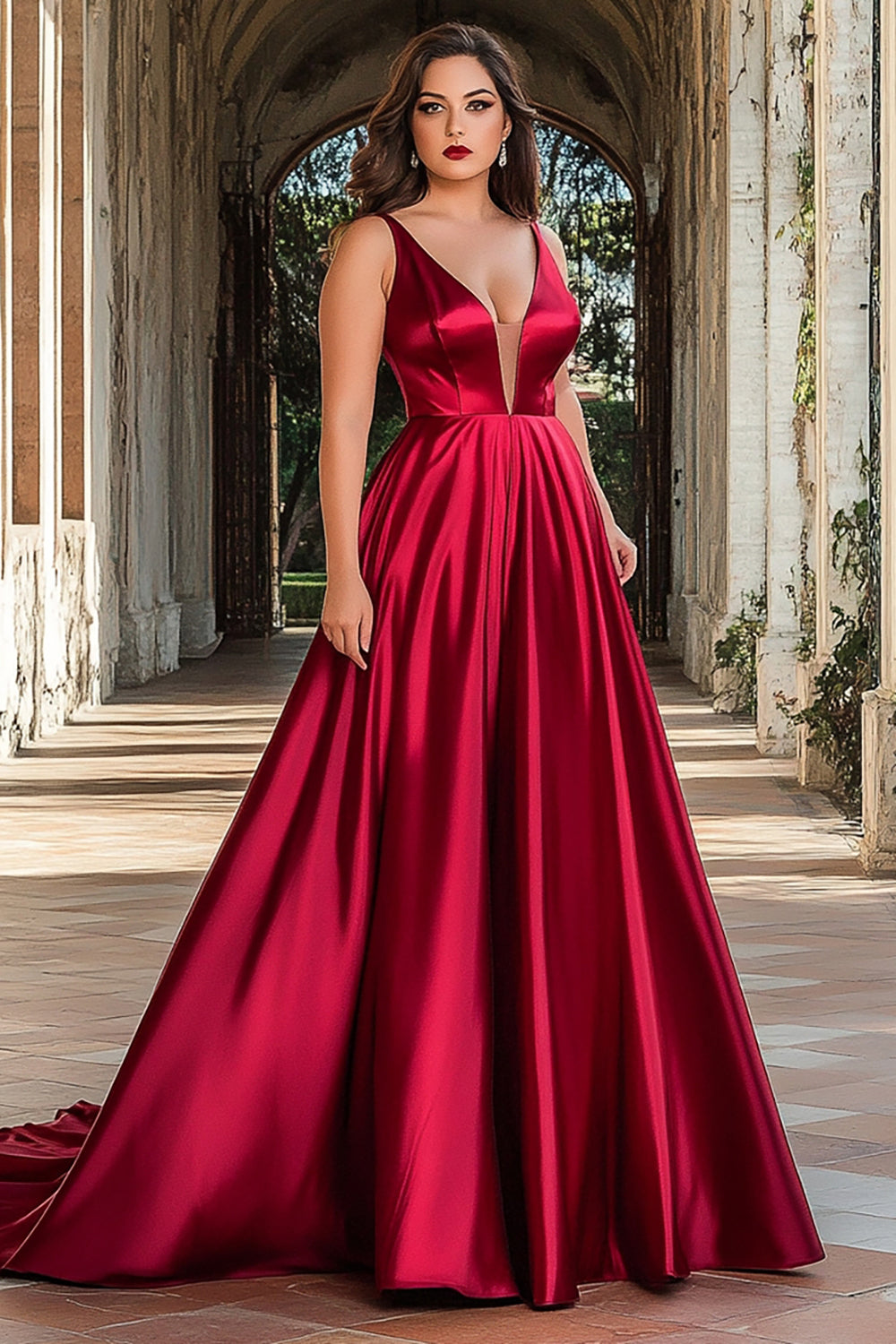A Line Red Spaghetti Straps Pleated Plus Long Prom Dress