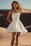 A Line White Spaghetti Straps Ruffles Short Graduation Dress