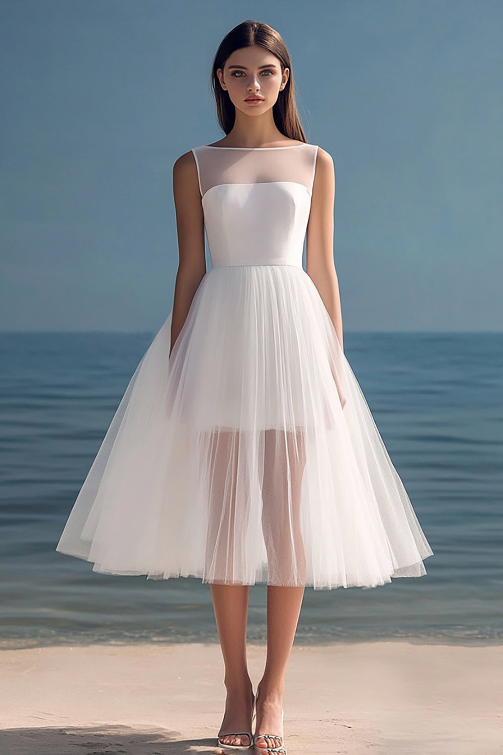 A-Line Illusion Neck Sleeveless Tulle Tea Length Little White Graduation Dress