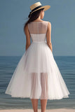 A-Line Illusion Neck Sleeveless Tulle Tea Length Little White Graduation Dress