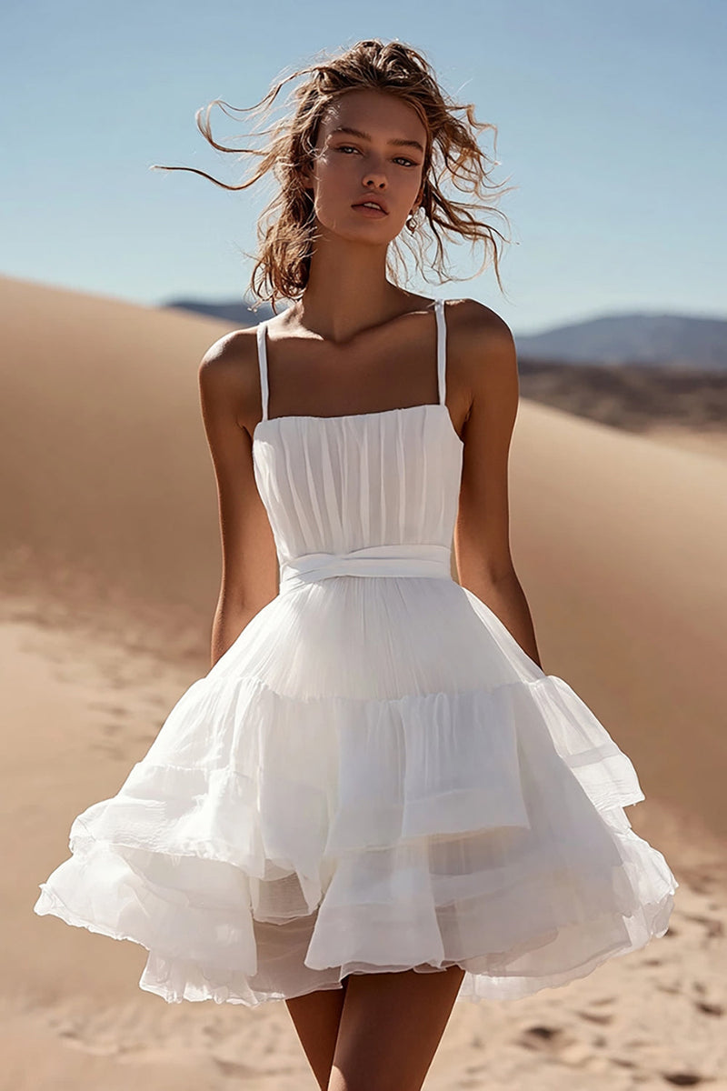 Load image into Gallery viewer, A-Line Spaghetti Straps Ruffles Organza Little White Graduation Dress