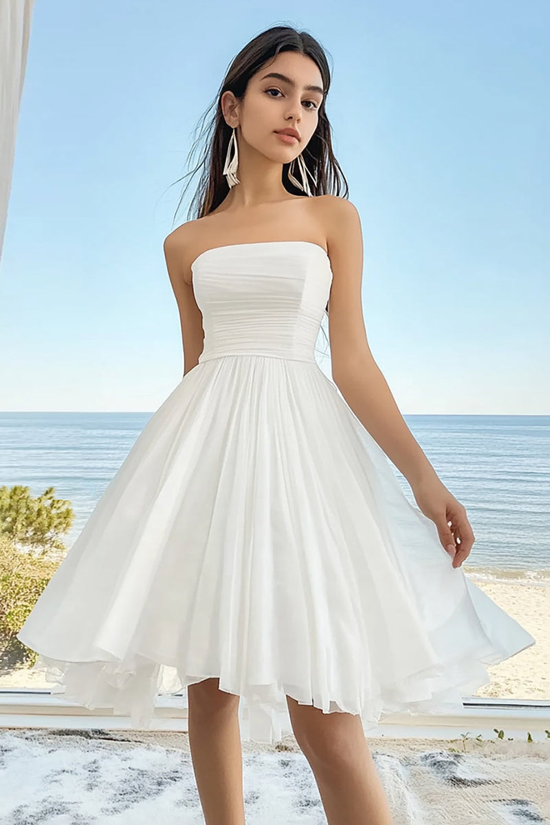 Load image into Gallery viewer, White A-Line Strapless Chiffon Short Graduation Dress