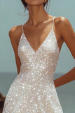 Sparkly Bodycon Sequins Spaghetti Straps Ruffles Little White Graduation Dress