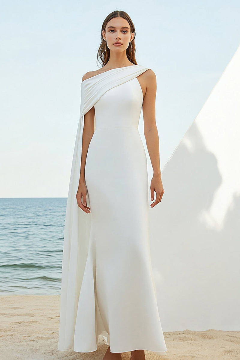 Load image into Gallery viewer, White Sheath One Shoulder Cape Long Graduation Dress