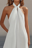 White Sheath Halter Chiffon Long Graduation Dress