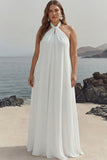 White Sheath Halter Chiffon Plus Size Long Boho Beach Dress