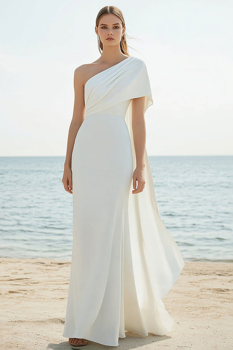 Load image into Gallery viewer, White One Shoulder Cape Sheath Satin Long Formal Dress