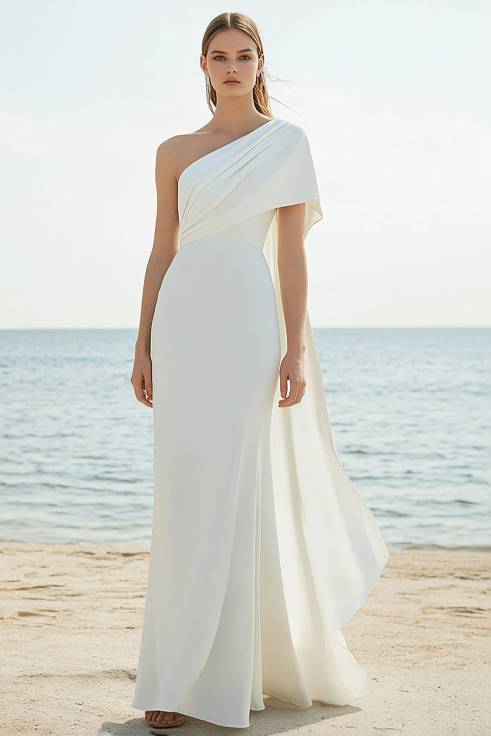 White One Shoulder Cape Sheath Satin Long Formal Dress