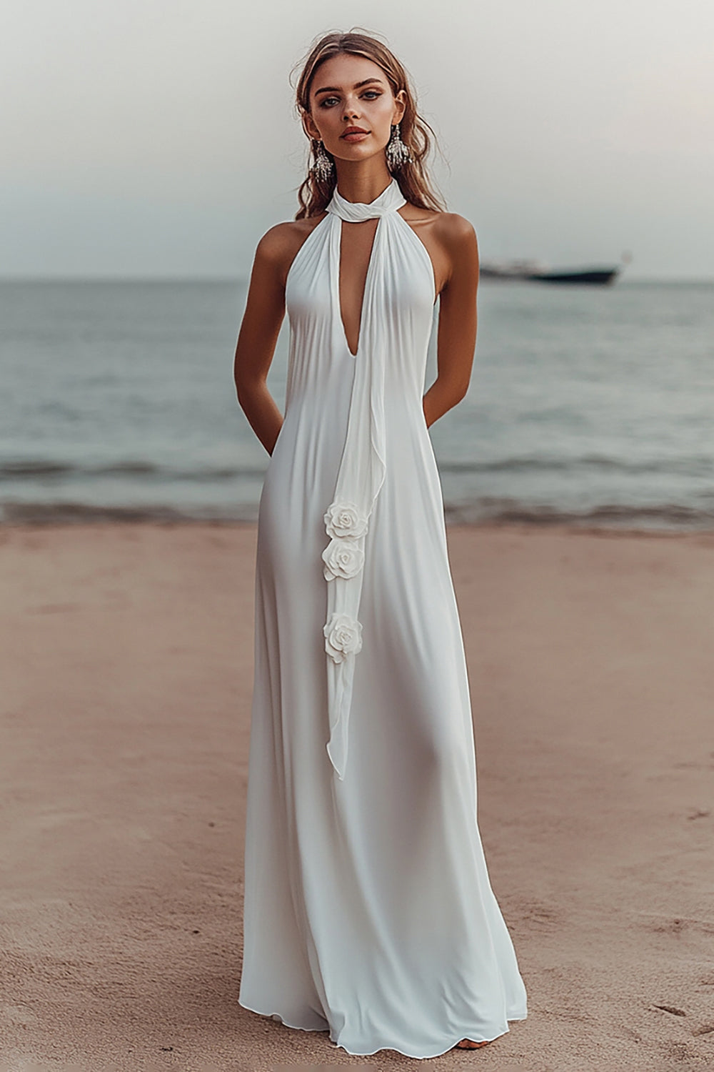Elegant White V Neck Chiffon Long Beach Dress