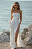 Strapless White A Line Pleated Beach Dress with Slit