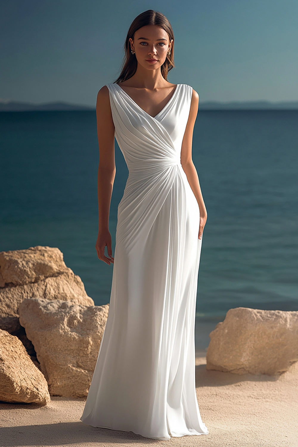 Elegant White Ruched V Neck Chiffon Beach Dress