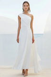 White Sheath One Shoulder Formal Dress with Ruffles