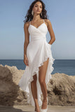 White Spaghetti Straples Ruched Ruffled Graduation Dress with Slit