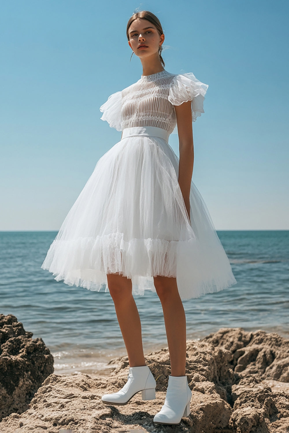 A Line White Tulle High Neck Short Sleeves Graduation Dress