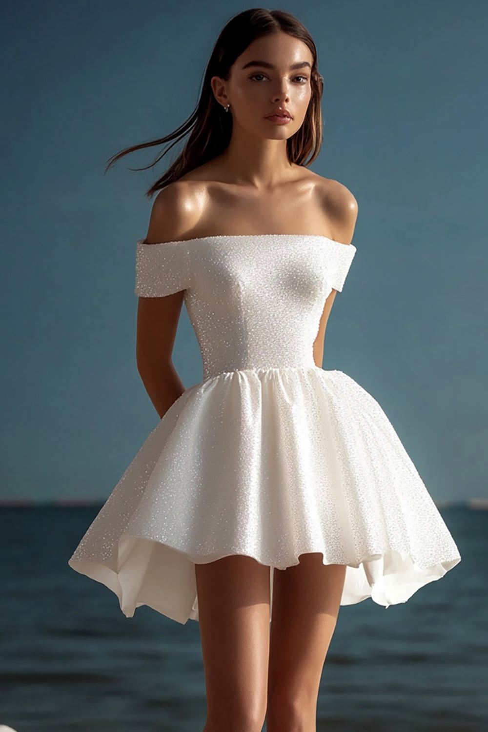 Sparkly White Off the Shoulder A Line Sequins Graduation Dress