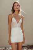 Sparkly White Sequins Bodycon Spaghetti Straps Graduation Dress
