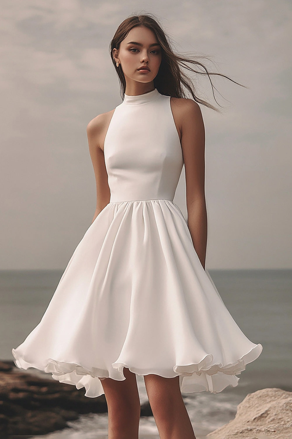 White Halter A Line Short Graduation Dress