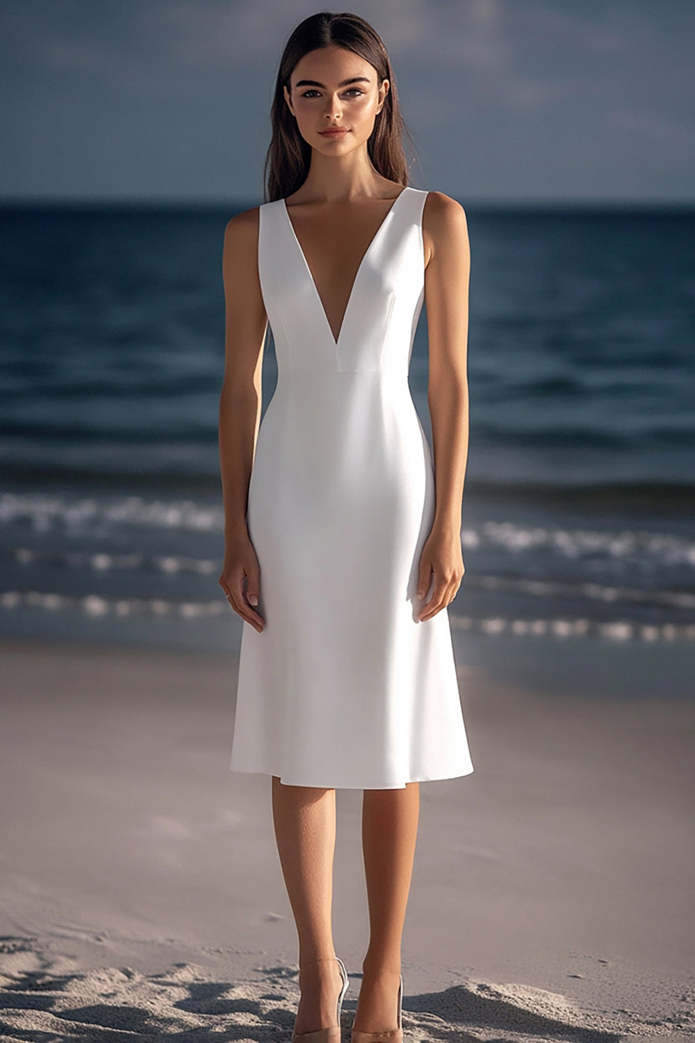 White V Neck Satin Sheath Knee Length Graduation Dress