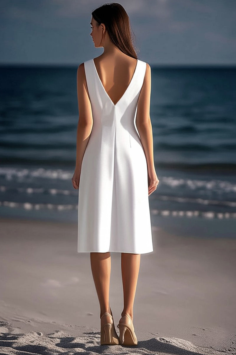 Load image into Gallery viewer, White V Neck Satin Sheath Knee Length Graduation Dress