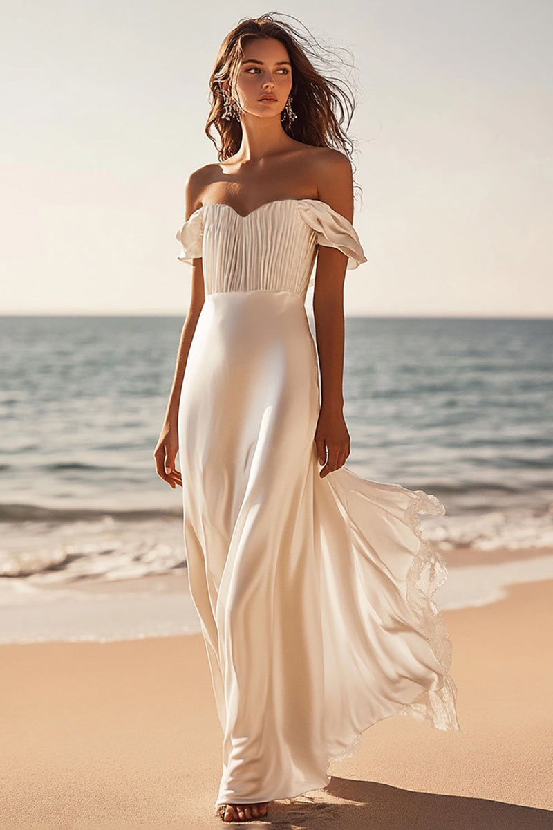 Load image into Gallery viewer, Off The Shoulder Sheath Satin Long White Dress