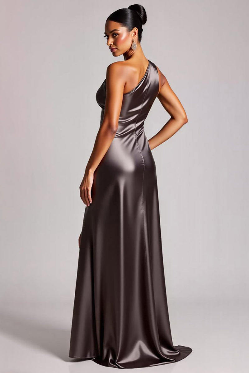 Load image into Gallery viewer, Dark Grey One Shoulder Long Satin Formal Dress with Slit