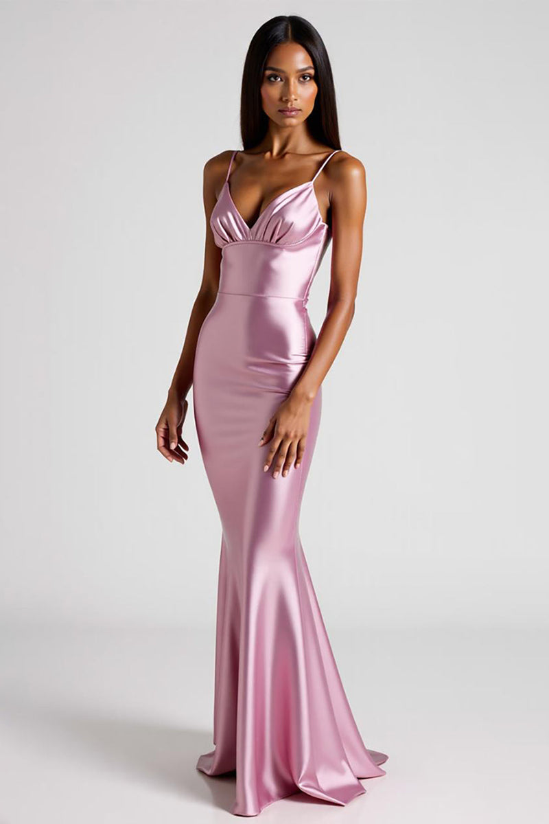 Load image into Gallery viewer, Spaghetti Straps Pink Mermaid Long Satin Formal Dress