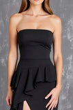 Black Strapless Ruffled Long Formal Dress with Slit