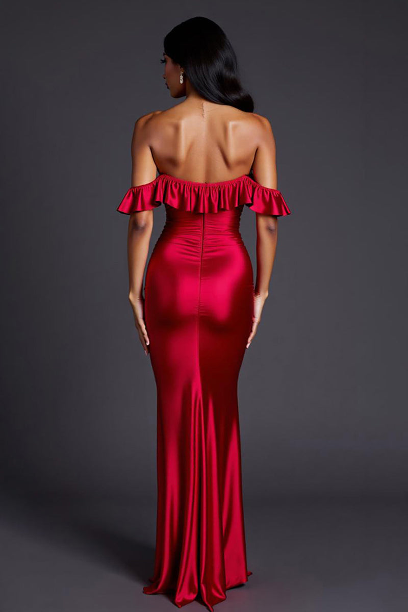 Load image into Gallery viewer, Red Ruffled Off the Shoulder Mermaid Long Formal Dress with Slit