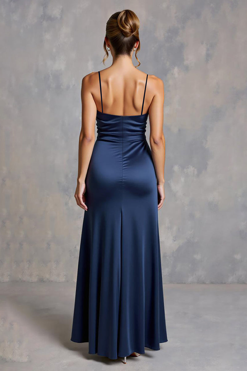 Load image into Gallery viewer, Navy Spaghetti Straps Ruched Satin Long Formal Dress with Slit