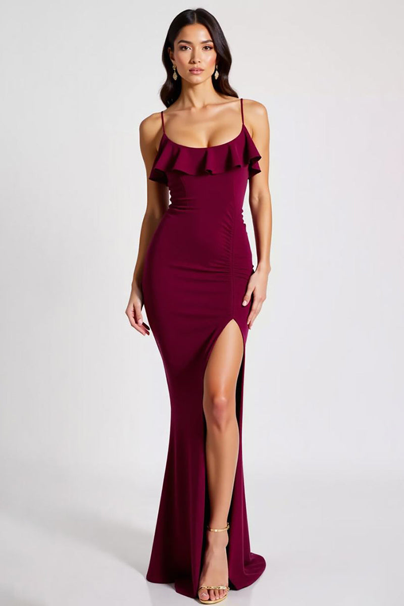 Load image into Gallery viewer, Burgundy Spaghetti Straps Mermaid Crepe Long Formal Dress with Slit