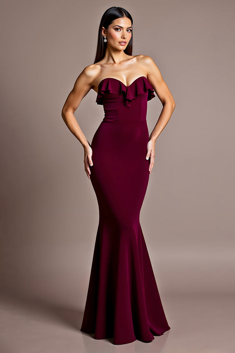 Load image into Gallery viewer, Burgundy Strapless Mermaid Long Formal Dress with Ruffles