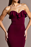 Burgundy Strapless Mermaid Long Formal Dress with Ruffles