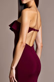 Burgundy Strapless Mermaid Long Formal Dress with Ruffles