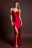 Red Spaghetti Straps Sheath Long Formal Dress with Slit