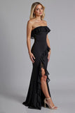 Black Off the Shoulder Ruffled Long Formal Dress with Slit